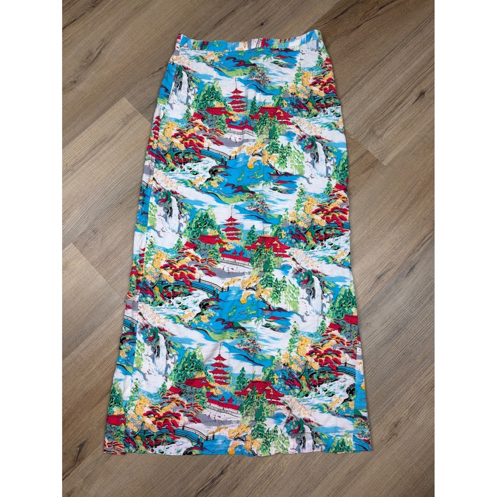 Vintage Clio Rayon Maxi Skirt Japanese Pagoda Landscape Print Blue Red Medium